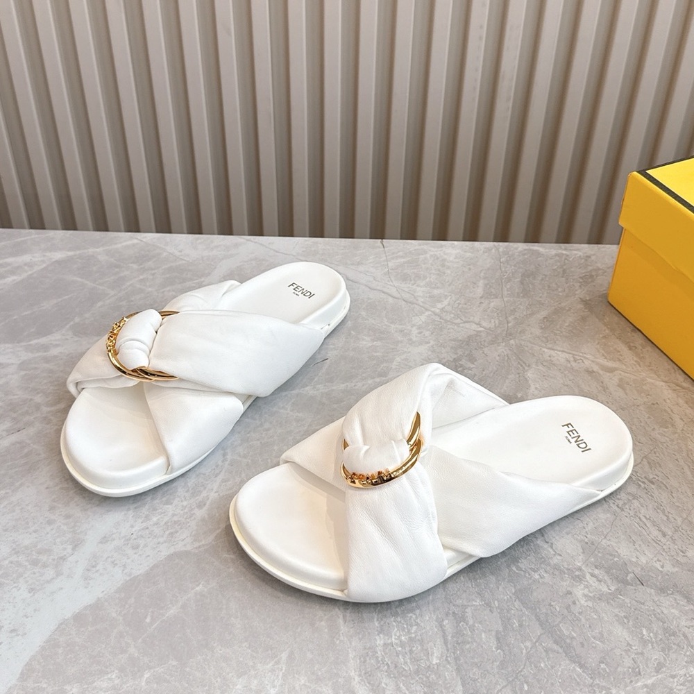 Fendi White Leather Slide Sandals with Gold Accent